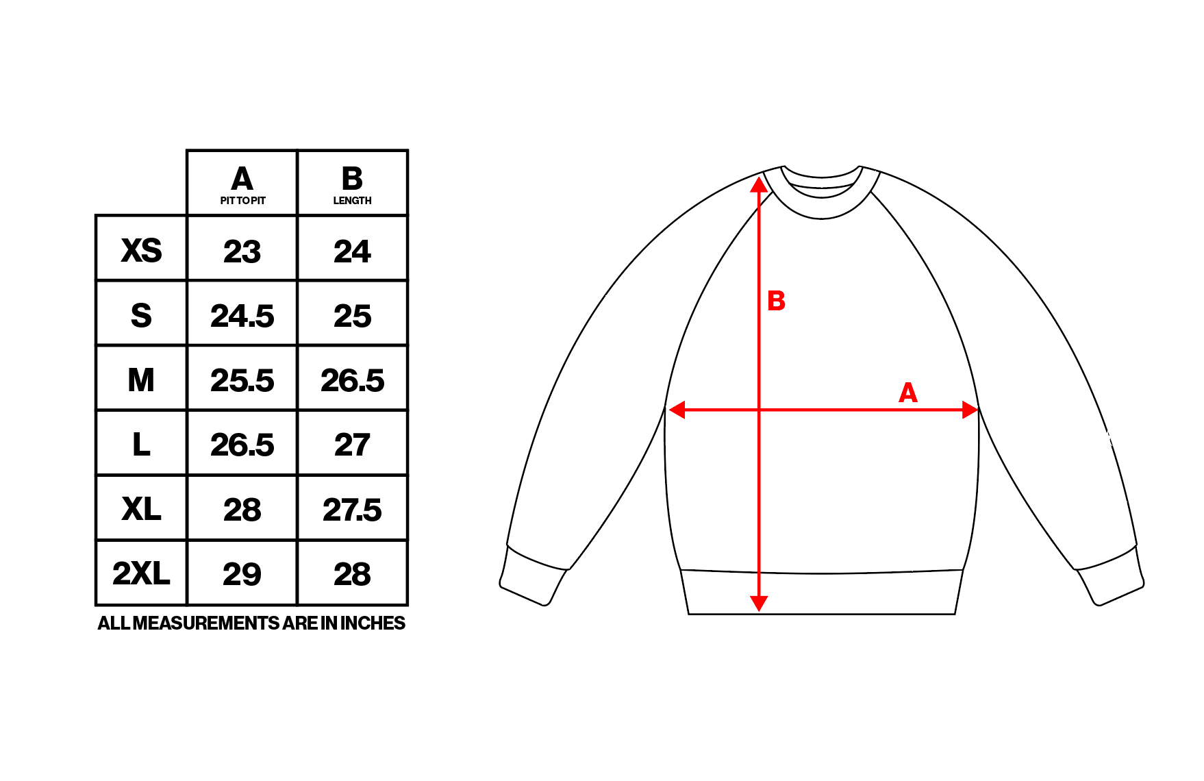 Placeholder size chart — measurements per size, in inches and centimeters.